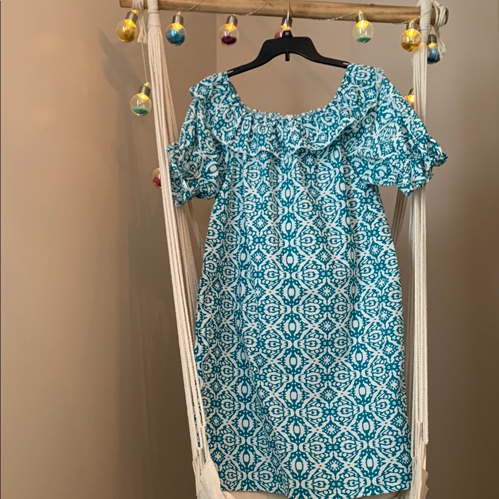 2/$15 Kaktus Teal and White Patterned spring/summer dress one size